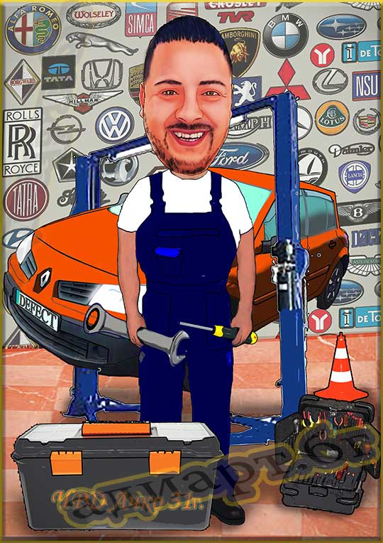 карикатура по снимка автомонтьор