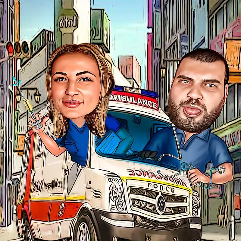 Карикатура по снимка за лекари и екип на линейка